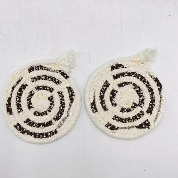 Rope Car Coasters Boho Brown Dots Cream One Set of 2 For Car Cup Holders - Picture 3 of 4